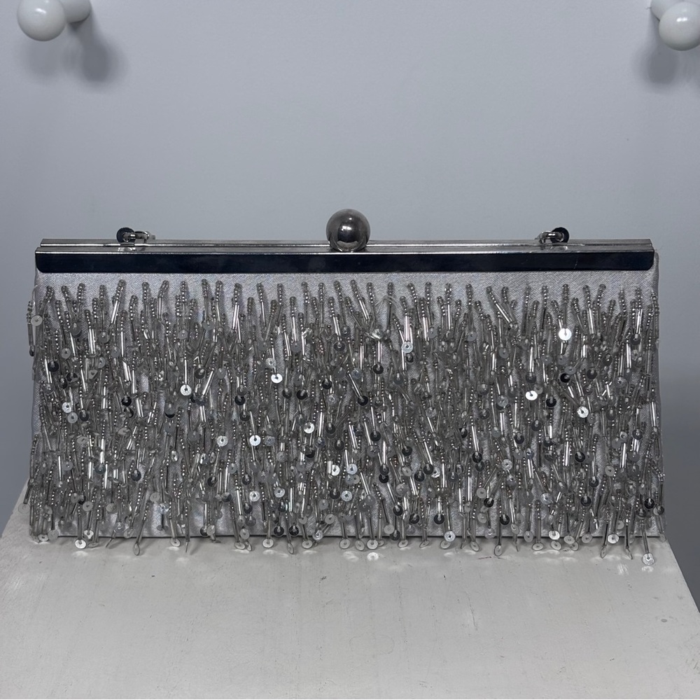 Charming Charlie Metallic Silver Fringe Clutch - Picture 2 of 9